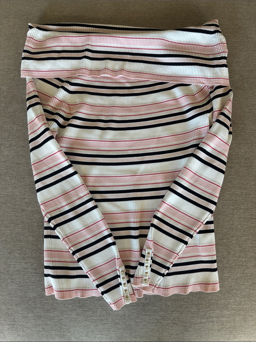 White House Black Market Ribbed Off-Shoulder Stripe Top in White, Pink & Black